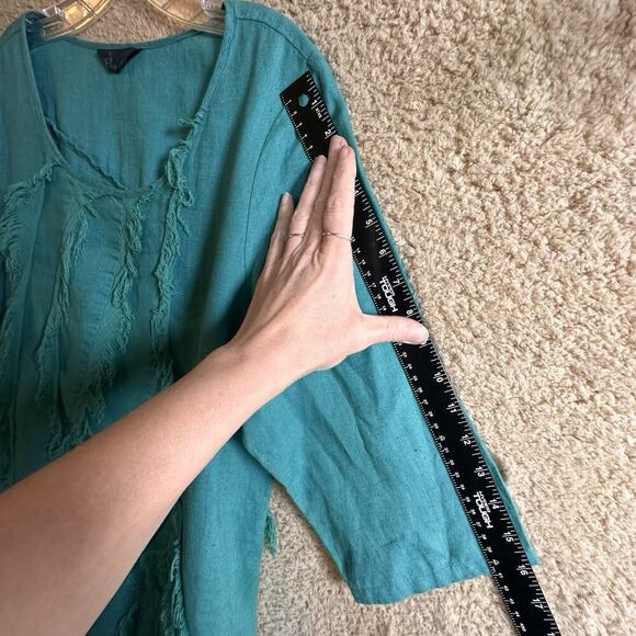 Pecock Ways Artisan 100% Linen Teal Lagenlook Tunic Top Dress Sz L Art To Wear - Picture 15 of 16